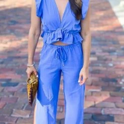 Levency Ruffles Crop Slit Pants Set