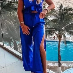 Levency Ruffles Crop Slit Pants Set