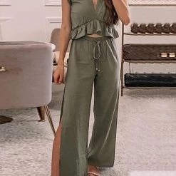 Levency Ruffles Crop Slit Pants Set