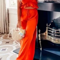 Levency Ruffles Crop Slit Pants Set