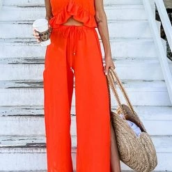 Levency Ruffles Crop Slit Pants Set