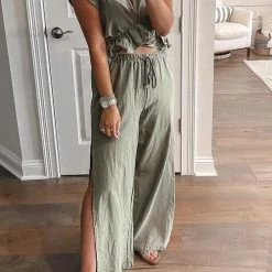 Levency Ruffles Crop Slit Pants Set