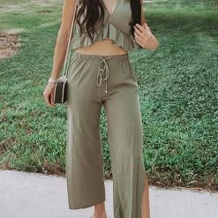 Levency Ruffles Crop Slit Pants Set