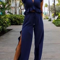 Levency Ruffles Crop Slit Pants Set