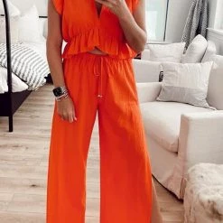 Levency Ruffles Crop Slit Pants Set