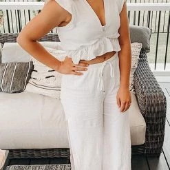 Levency Ruffles Crop Slit Pants Set