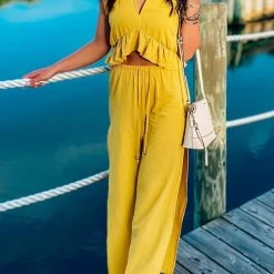 Levency Ruffles Crop Slit Pants Set