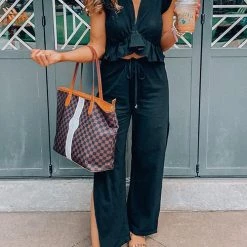 Levency Ruffles Crop Slit Pants Set