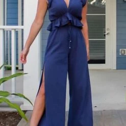 Levency Ruffles Crop Slit Pants Set