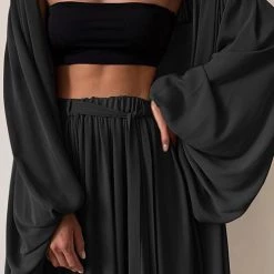 Levency New In Flowing Puff Sleeve 3PC Cardigan Pants Set