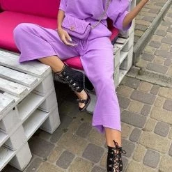 Levency Solid Bat Shirt Wide Leg Pnats Set New In