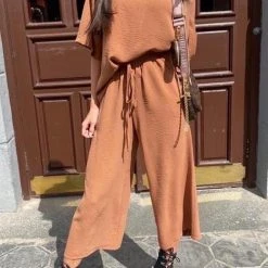 Levency Solid Bat Shirt Wide Leg Pnats Set New In