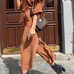 Levency Solid Bat Shirt Wide Leg Pnats Set New In