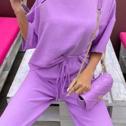 Levency Solid Bat Shirt Wide Leg Pnats Set New In