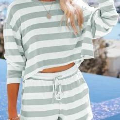 Levency New In Stripe Dew Shoulder Short Set