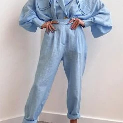 Levency Linen Button Pockets Bat Jackets Pants Set