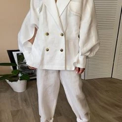 Levency Linen Button Pockets Bat Jackets Pants Set