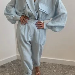 Levency Linen Button Pockets Bat Jackets Pants Set