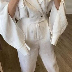 Levency Linen Button Pockets Bat Jackets Pants Set