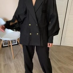 Levency Linen Button Pockets Bat Jackets Pants Set