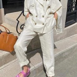 Levency Linen Button Pockets Bat Jackets Pants Set