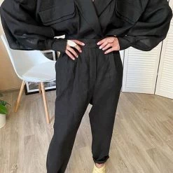 Levency Linen Button Pockets Bat Jackets Pants Set