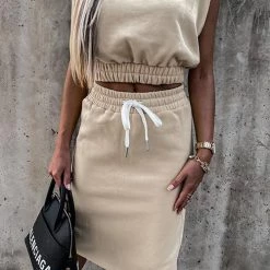 Levency Drawstring Crop Skirt Set