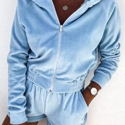 Levency Solid Zipper Hoodie Jackets Shorts Set New In