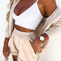 Levency Solid Zipper Hoodie Jackets Shorts Set New In