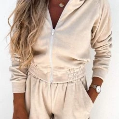 Levency Solid Zipper Hoodie Jackets Shorts Set New In