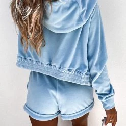 Levency Solid Zipper Hoodie Jackets Shorts Set New In