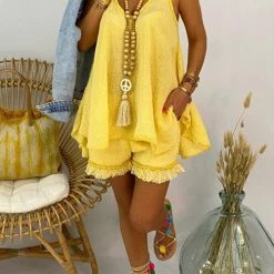 Levency Ruffles Sleeveless Blouse Shorts Set New In