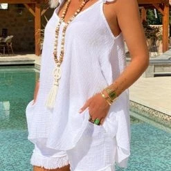 Levency Ruffles Sleeveless Blouse Shorts Set New In