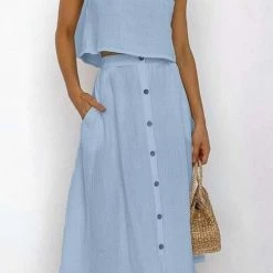Levency Button Decorate Vest Naxi Skirts Set New In