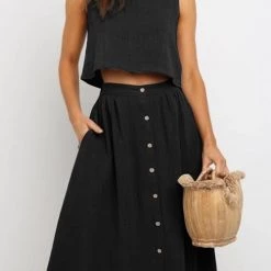 Levency Button Decorate Vest Naxi Skirts Set New In