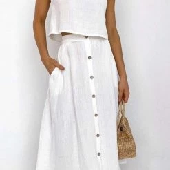 Levency Button Decorate Vest Naxi Skirts Set New In