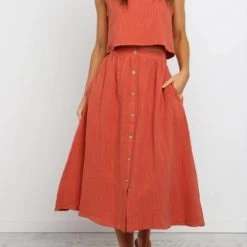 Levency Button Decorate Vest Naxi Skirts Set New In