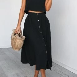 Levency Button Decorate Vest Naxi Skirts Set New In