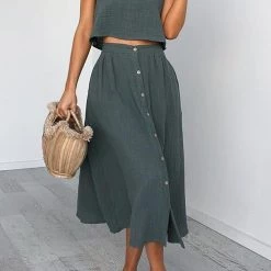 Levency Button Decorate Vest Naxi Skirts Set New In