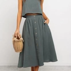 Levency Button Decorate Vest Naxi Skirts Set New In