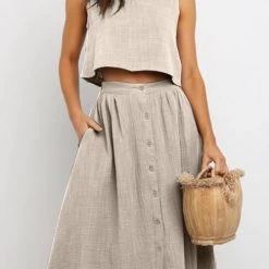 Levency Button Decorate Vest Naxi Skirts Set New In