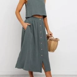 Levency Button Decorate Vest Naxi Skirts Set New In