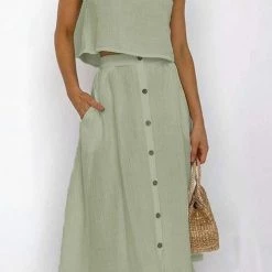Levency Button Decorate Vest Naxi Skirts Set New In
