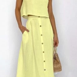 Levency Button Decorate Vest Naxi Skirts Set New In