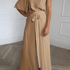 Levency Bat One Shoulder Blouse Wide Leg Pants Set New In