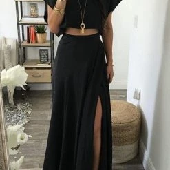 Levency New In Solid Crop Top Slit Maxi Skirts Set