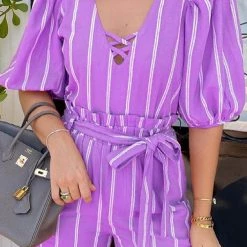 Levency Stripe Puff Sleeve Short Set New In