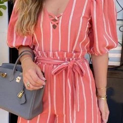 Levency Stripe Puff Sleeve Short Set New In