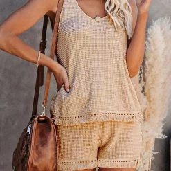 Levency Knit Tassels U Neck Blouse Shorts Set New In