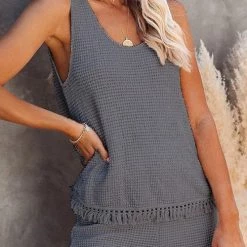 Levency Knit Tassels U Neck Blouse Shorts Set New In